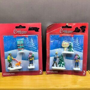 Cobblestone Corners Winter Christmas Village Miniature Figures 3 Pc Set Lot of 2
